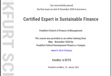 Alice Drooghmans ist seit Januar 2021 „Certified Expert in Sustainable Finance”